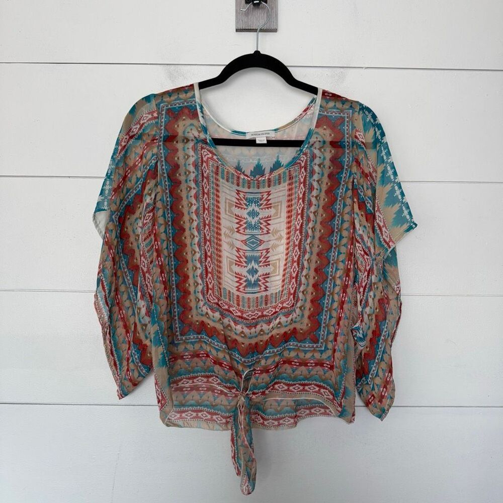 Boston Proper Women’s XS Aztec Patterned Tie Front Blouse Top Lightweight